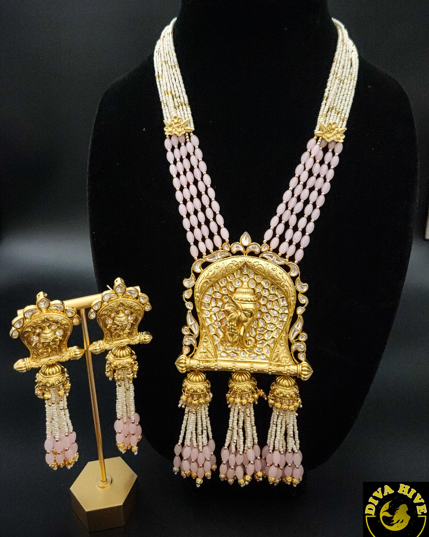 Long Statement Figure Necklace | Ganpati Pendant and Jhumka - Necklace -Diva Exclusive, Figure, Kundan, Necklace - Divahive