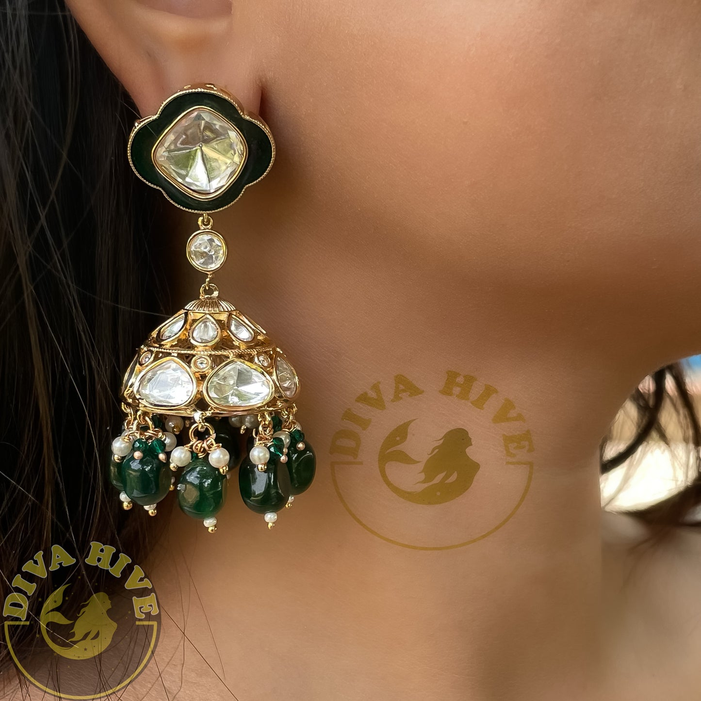 Uncut Kundan Jhumka with enameled Meena - -Earing, Earring, Jhumka, Kundan - Divahive