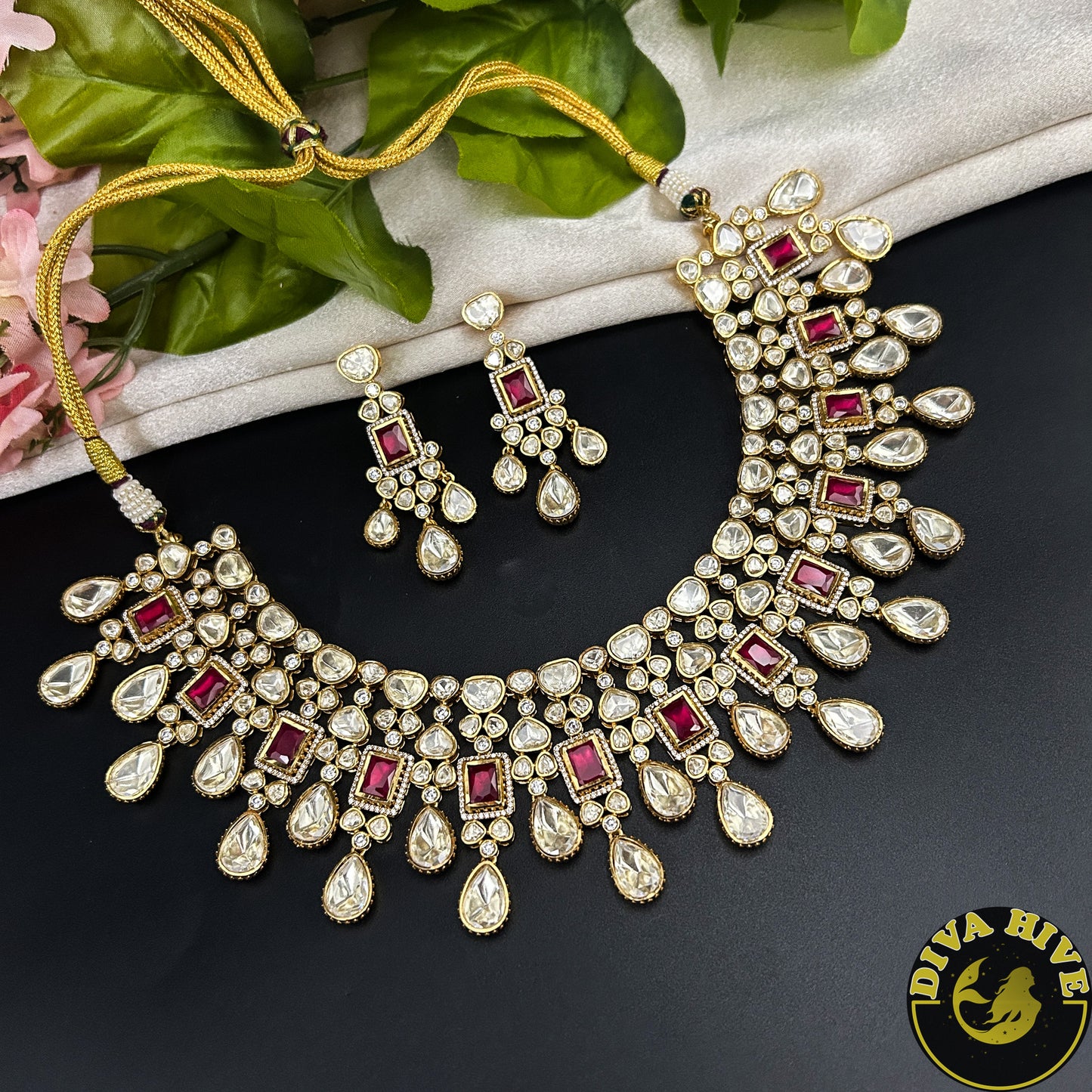 Ruhani Bridal/Semi Bridal 22k Gold Plated Moissanite Necklace Set