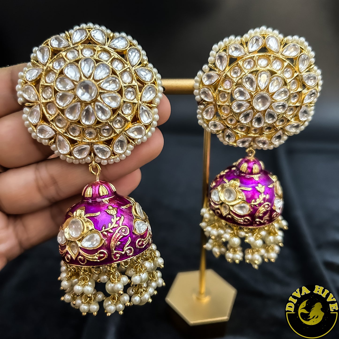 Pachi Kundan Meena Jhumka - -Earing, Earring, Jhumka, Kundan, pachi kundan - Divahive