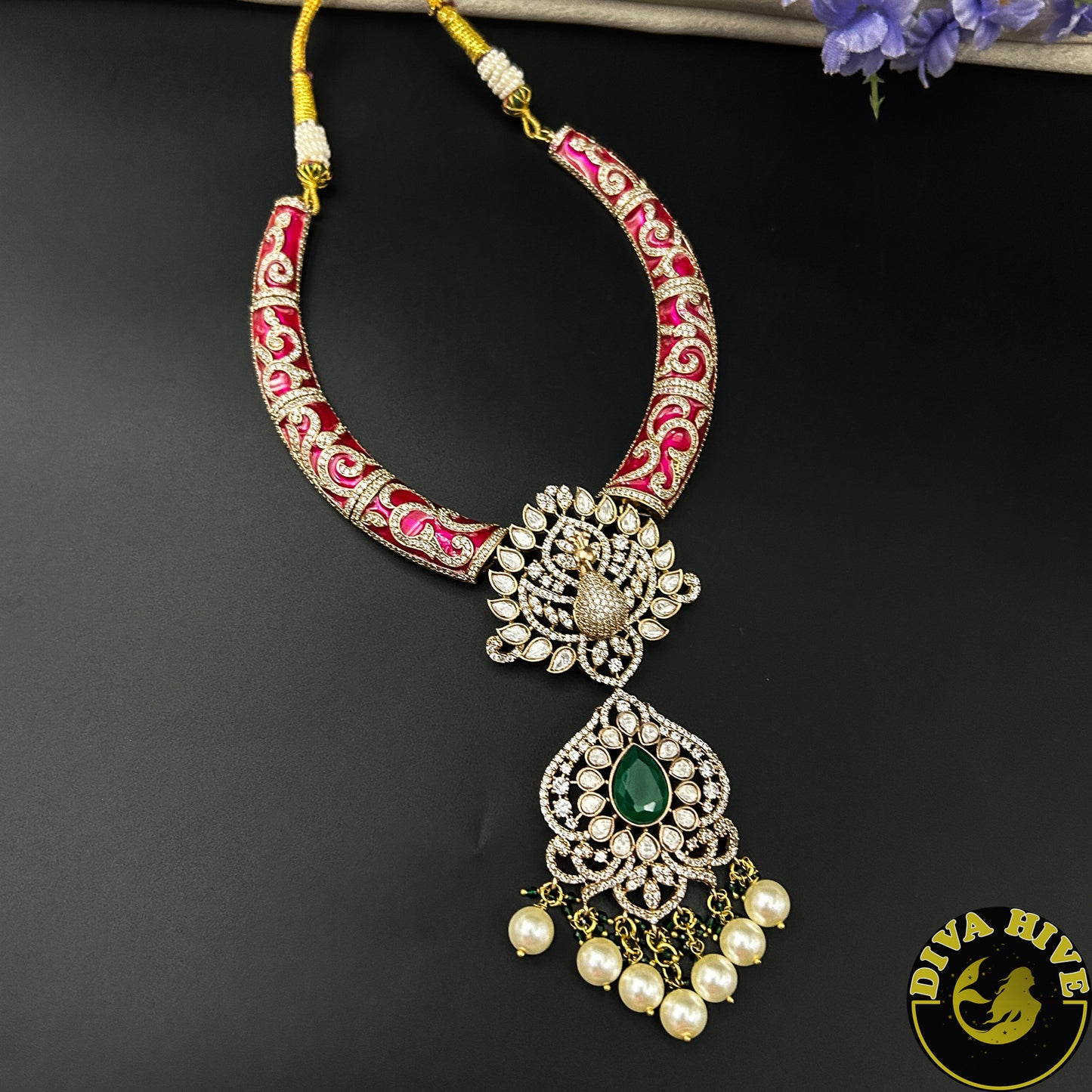 Malhari Meenakari Moissanite Hasli Necklace - Necklace -Diva Exclusive, featured, moissanite, Necklace - Divahive