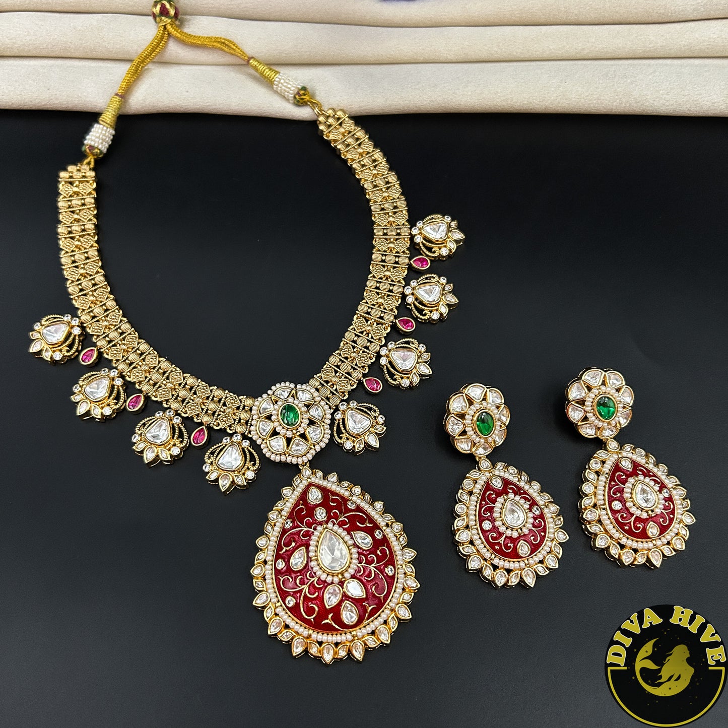 Noor Gold Plated Pachi Kundan Necklace - Necklace -Diva Exclusive, Doublet, featured, Kundan, moissanite, Necklace - Divahive
