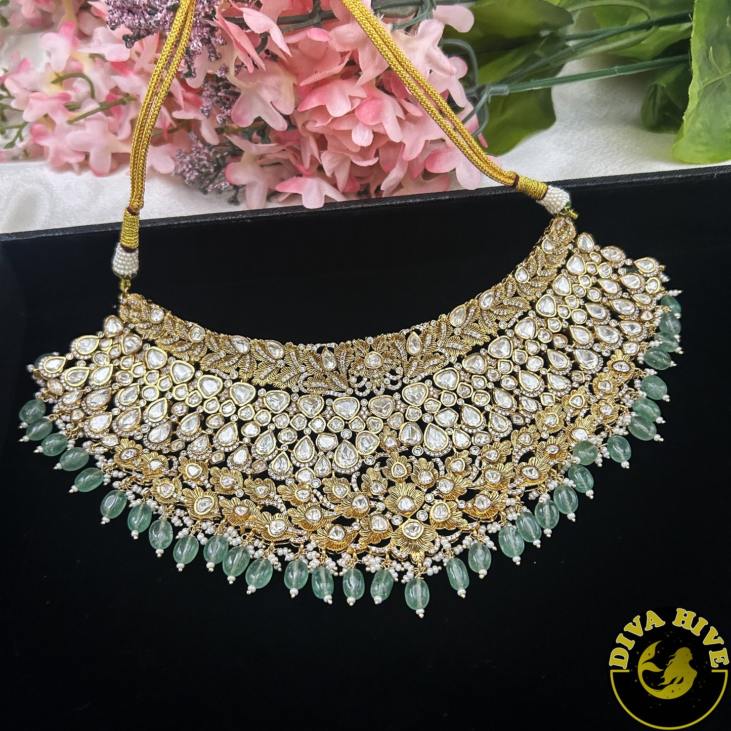 Noor 22K Gold Plated Moissanite Bridal/Semi Bridal Choker - Necklace -1 GM Gold, Diva Exclusive, Green, moissanite, Necklace - Divahive