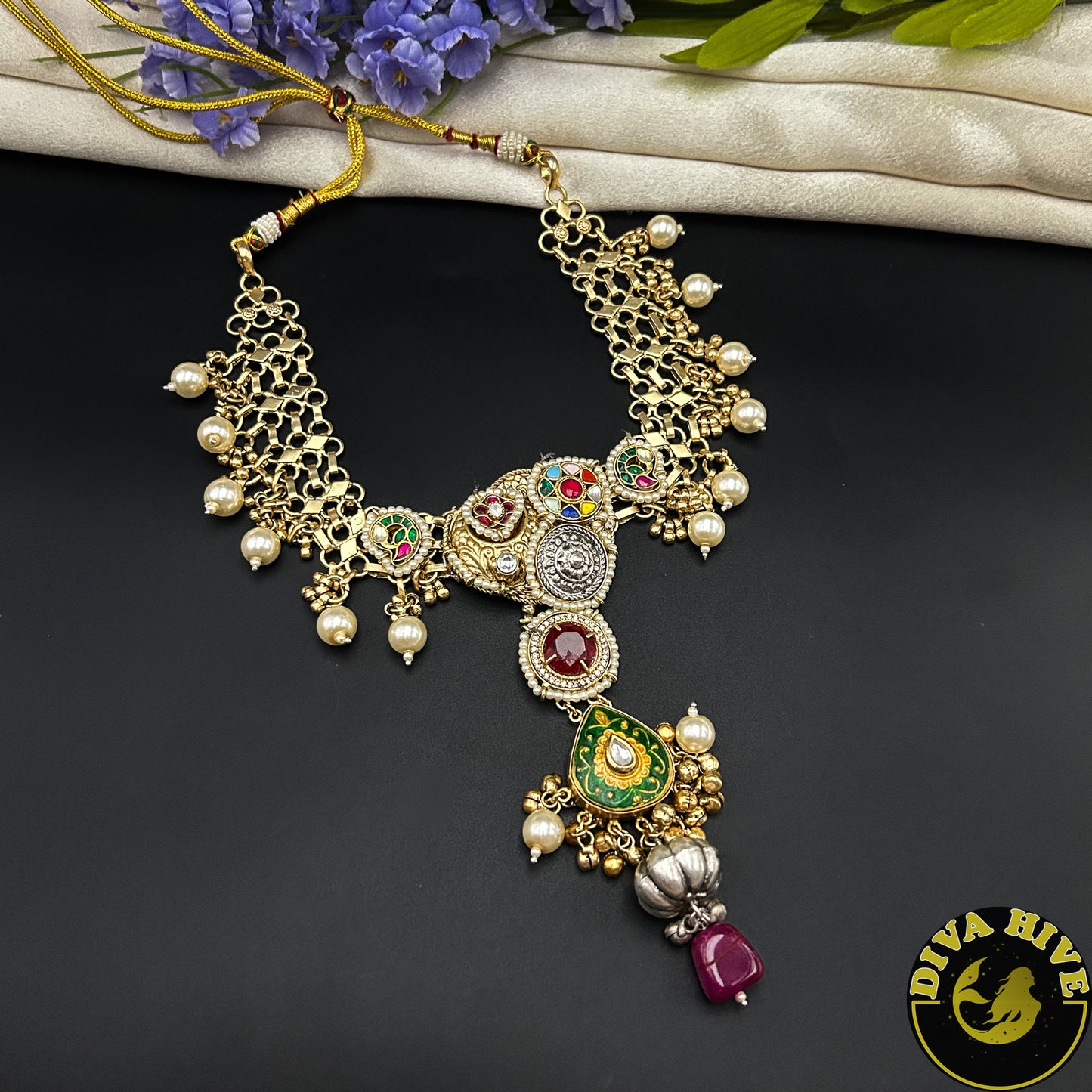 Veera Long Fusion Necklace | Silver Statement Necklace | Diva Exclusive Necklace
