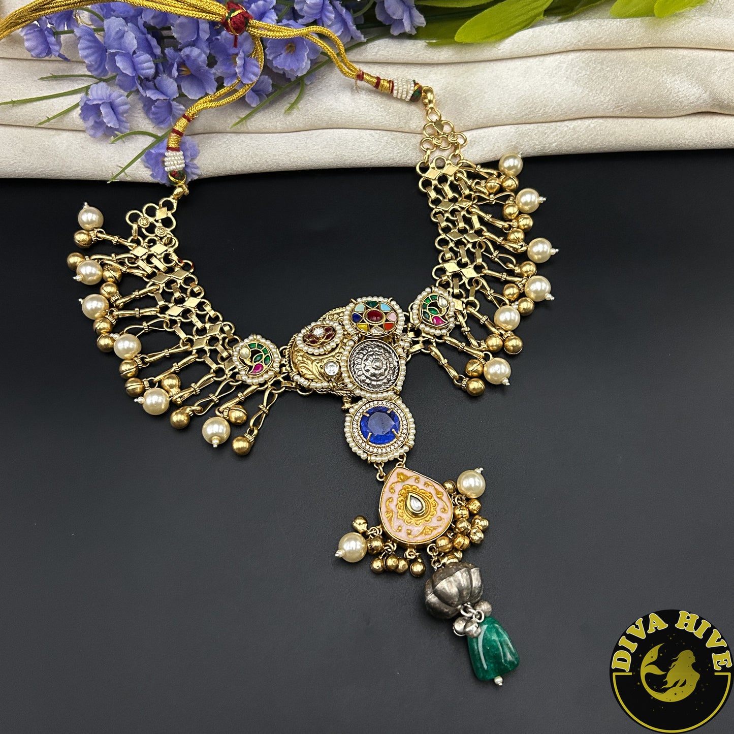 Veera Long Fusion Necklace | Silver Statement Necklace | Diva Exclusive Necklace