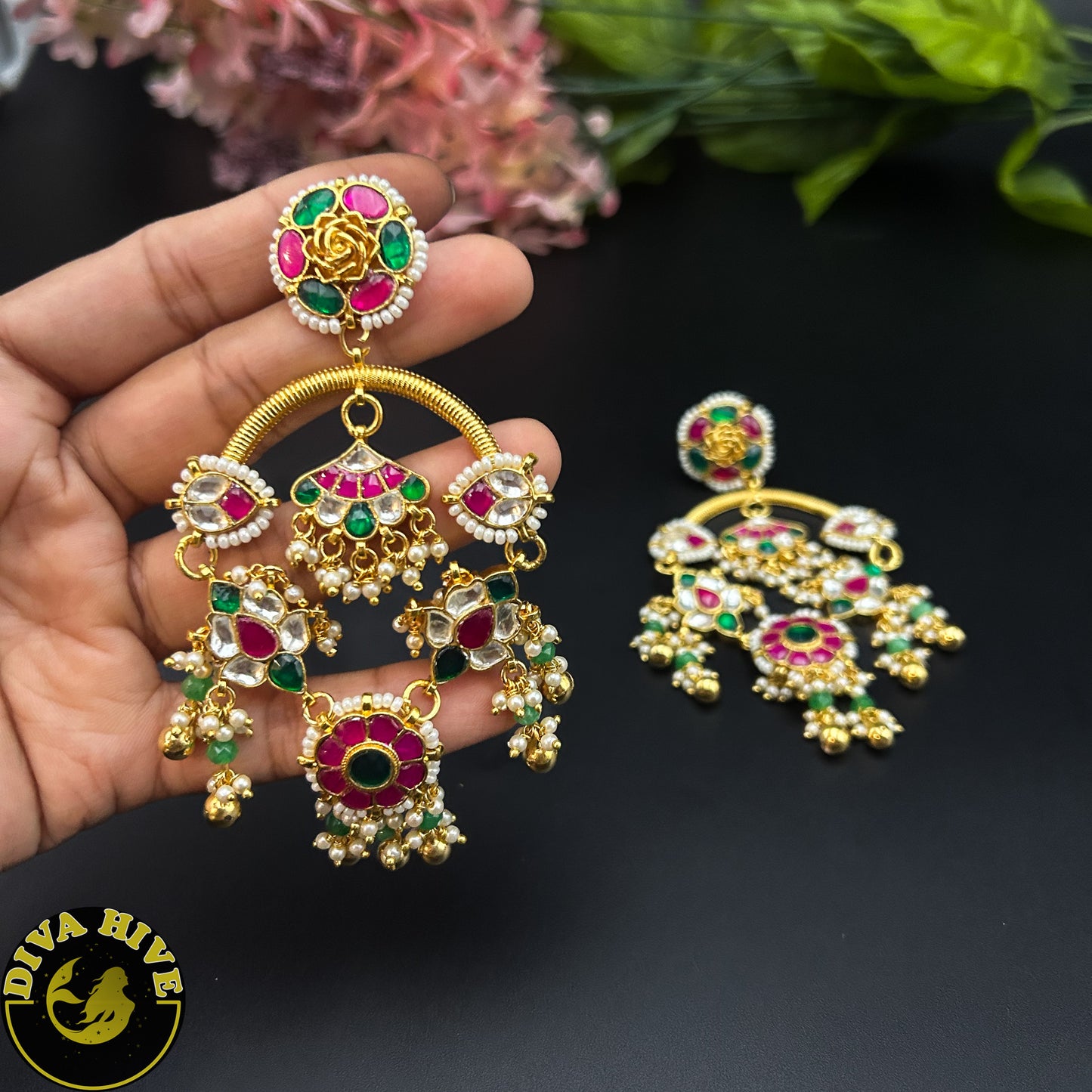 Veera Pachi Kundan Earring/ Chaandbali Earring - -Earing, Earring, Jhumka, Kundan, pachi kundan - Divahive