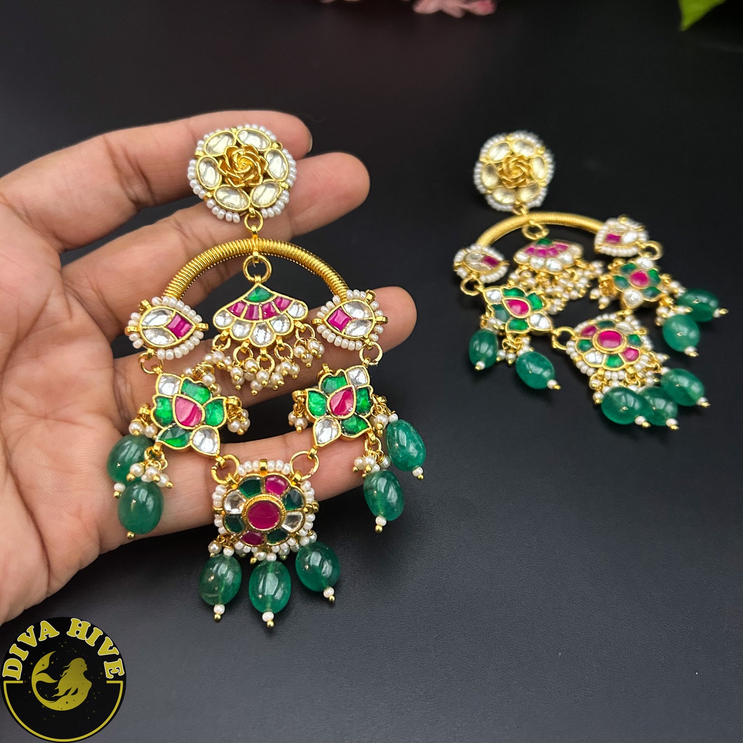 Veera Pachi Kundan Earring/ Chaandbali Earring - -Earing, Earring, Jhumka, Kundan, pachi kundan - Divahive