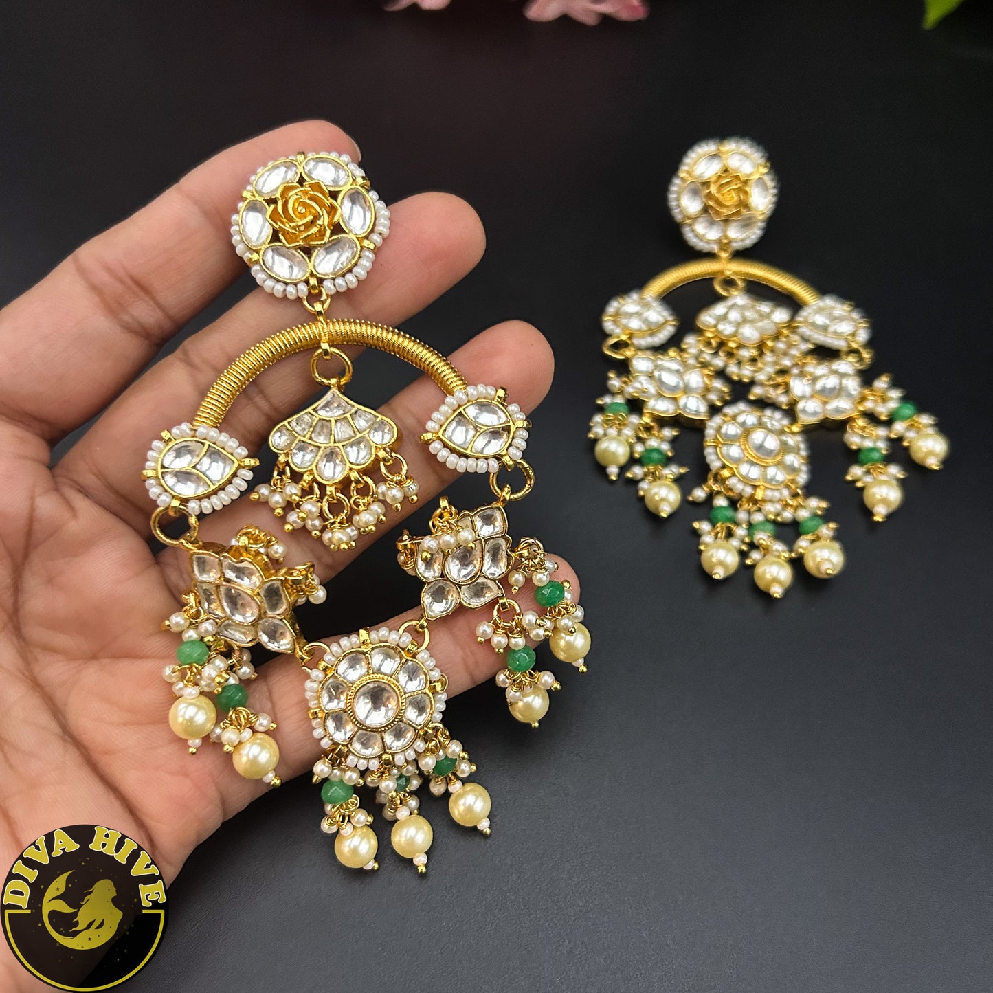 Veera Pachi Kundan Earring/ Chaandbali Earring - -Earing, Earring, Jhumka, Kundan, pachi kundan - Divahive