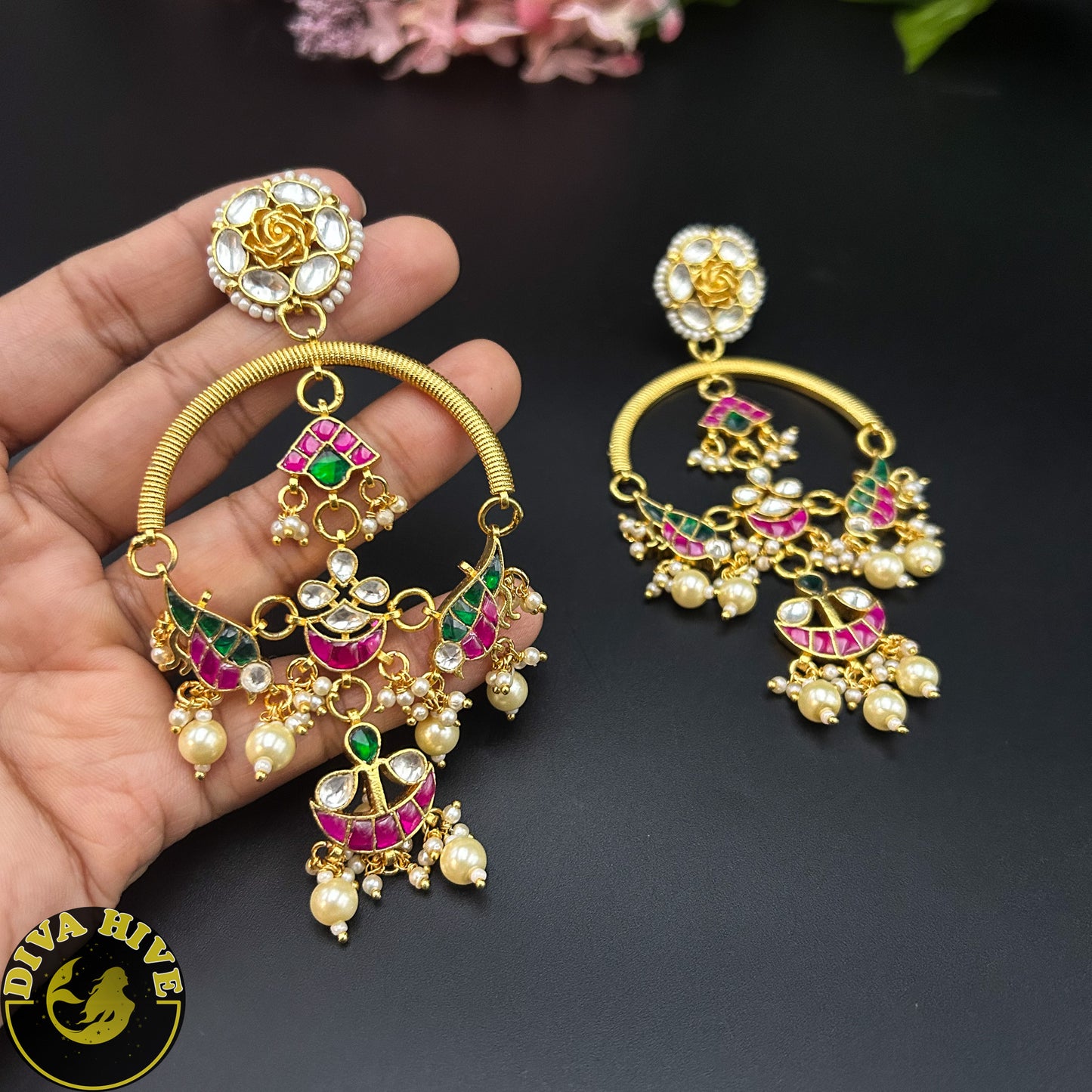 Kaaya Pachi Kundan Earring/ Chaandbali Earring - -Earing, Earring, Jhumka, Kundan, pachi kundan - Divahive