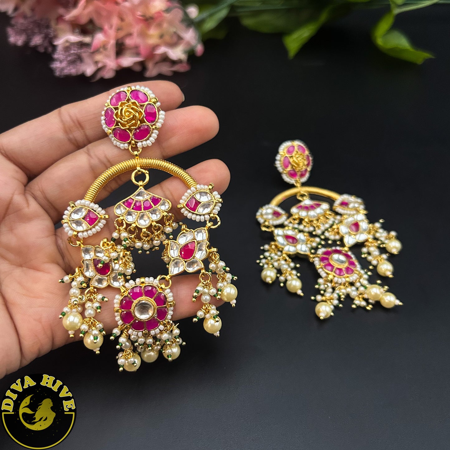 Veera Pachi Kundan Earring/ Chaandbali Earring - -Earing, Earring, Jhumka, Kundan, pachi kundan - Divahive