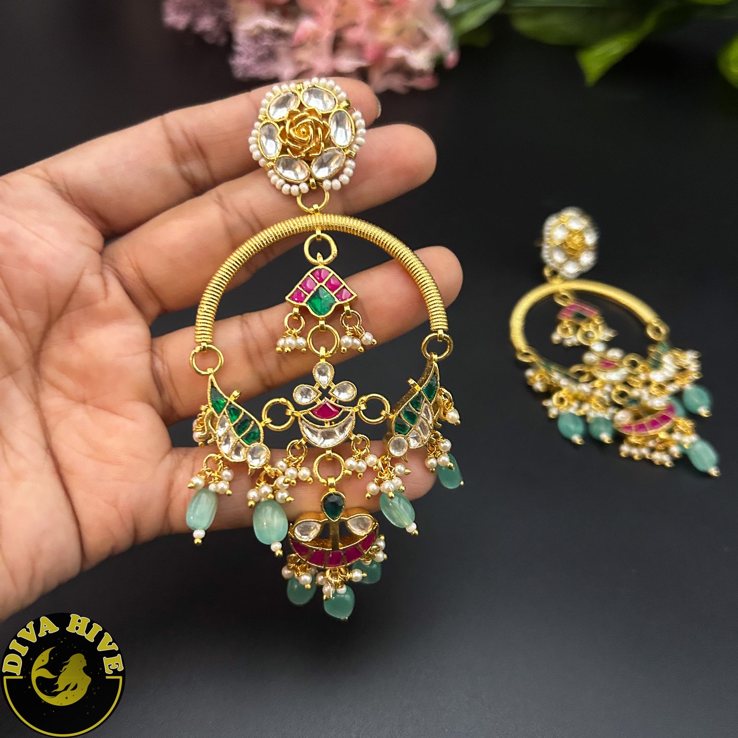 Kaaya Pachi Kundan Earring/ Chaandbali Earring - -Earing, Earring, Jhumka, Kundan, pachi kundan - Divahive