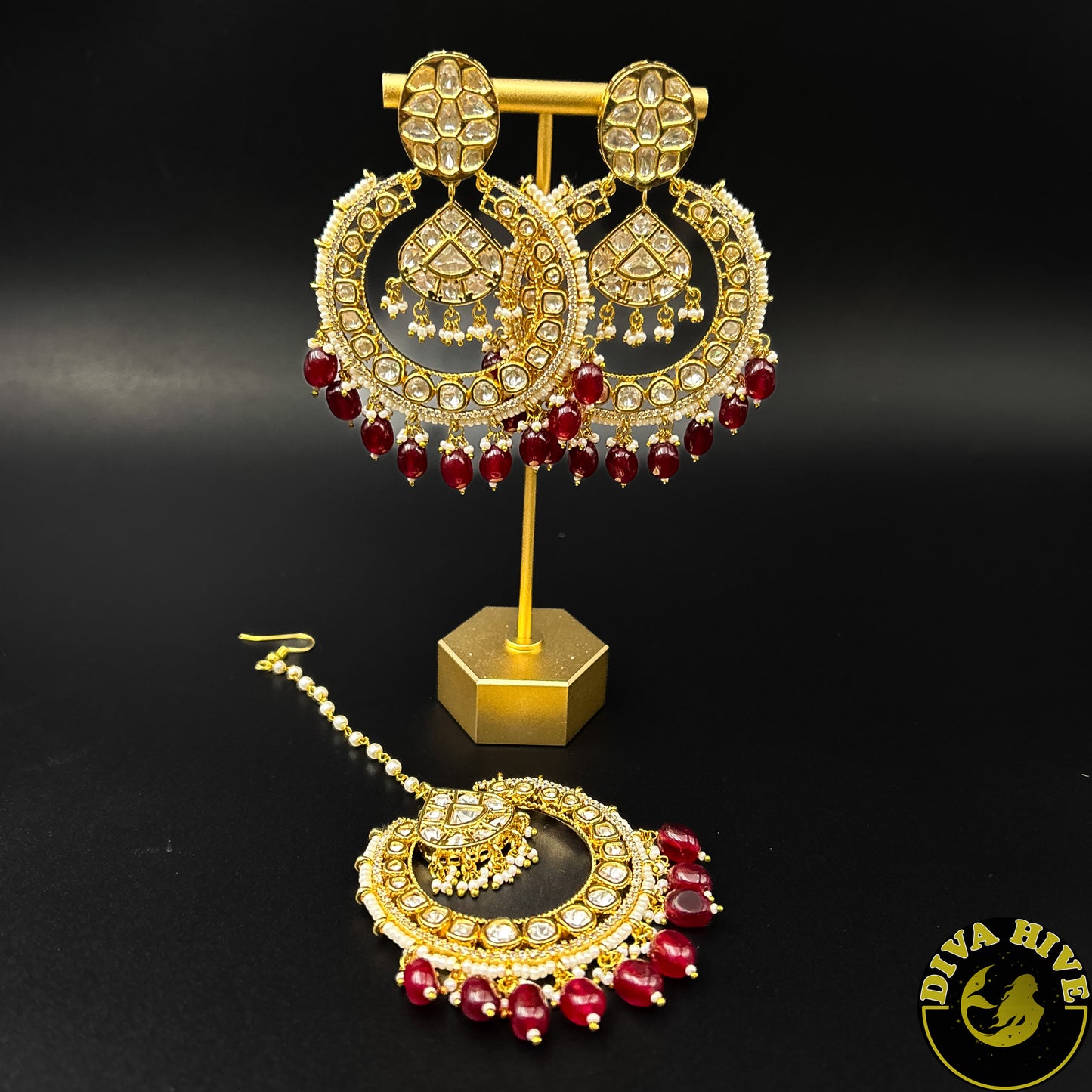 Gorgeous Chaandbali with Maangtikka - Earring -Earing, Earring, Kundan - Divahive