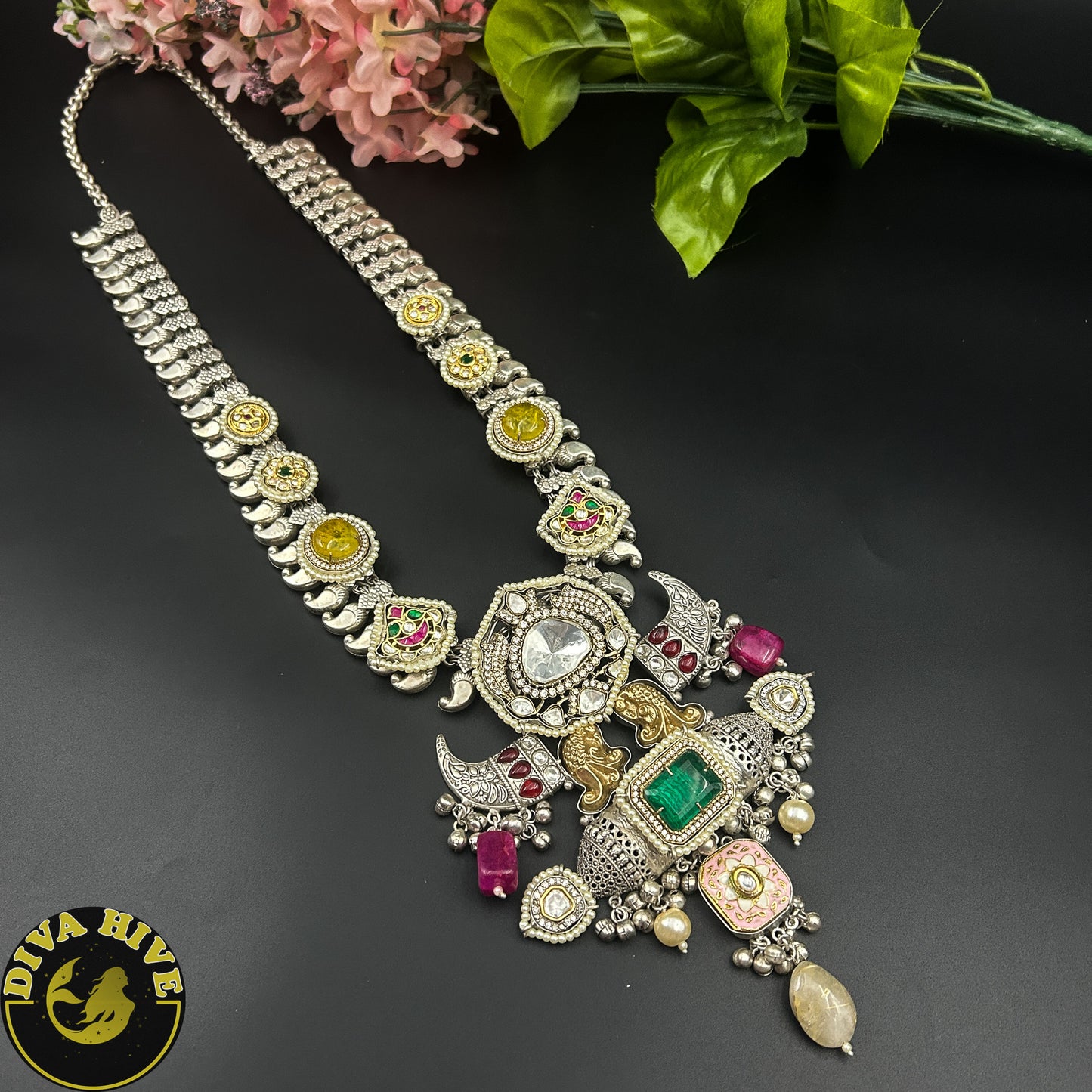 Padmini Long Fusion Necklace | Silver Statement Necklace | Diva Exclusive Necklace - Necklace -925Silver, Diva Exclusive, featured, Fusion, Necklace - Divahive