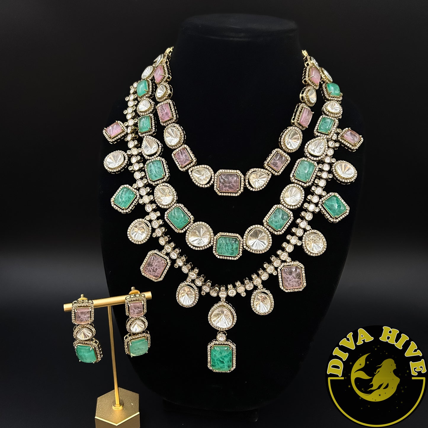 Parineeti Chopra wedding | Bollywood Wedding Bridal Set | Multi tiered uncut Necklace set - Necklace -Bridal, Diva Exclusive, Doublet, featured, moissanite, Necklace, Polki, semi bridal - Divahive
