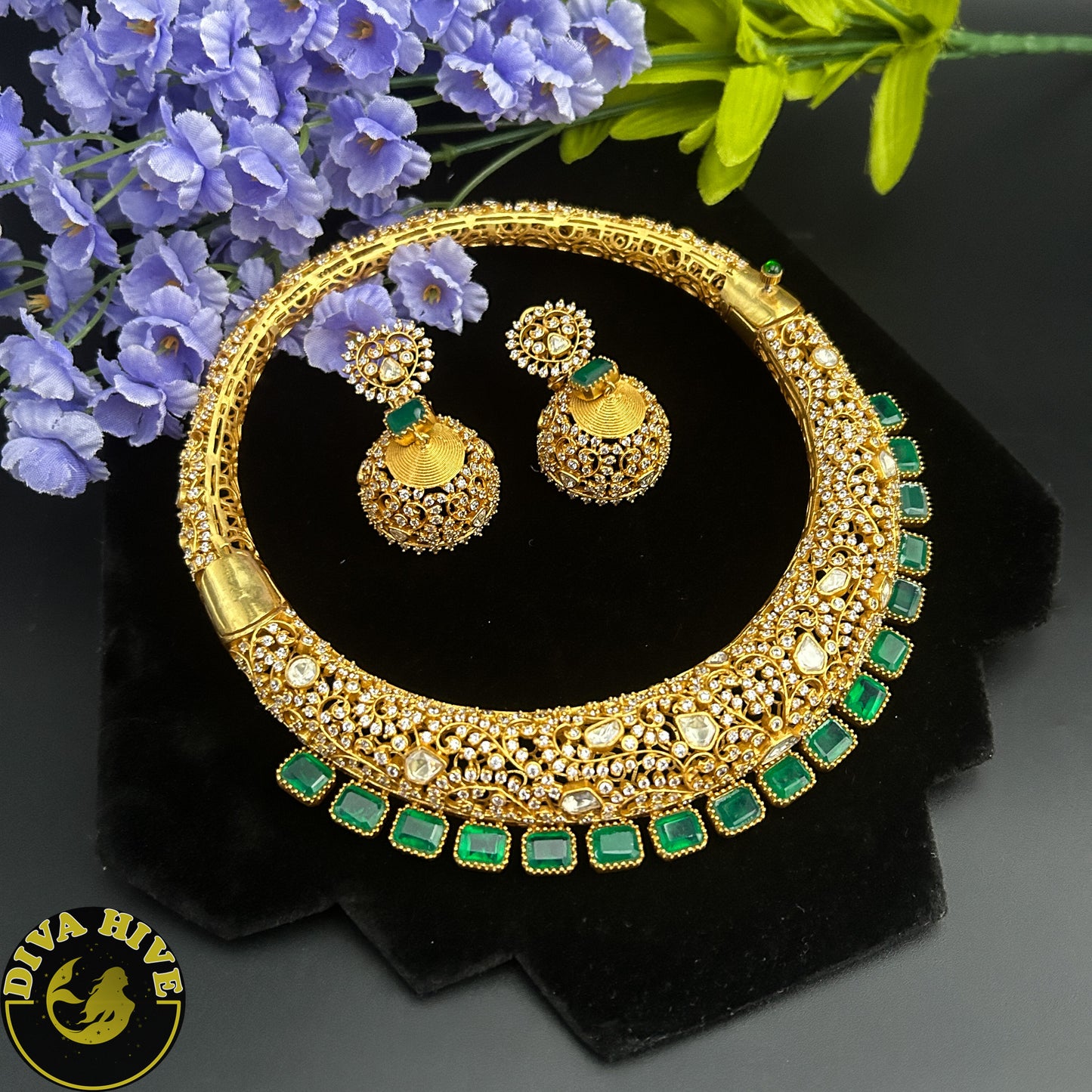 Moh 22k Gold Plated Moissanite Hasli - Necklace -1 GM Gold, Diva Exclusive, Green, moissanite, Necklace - Divahive