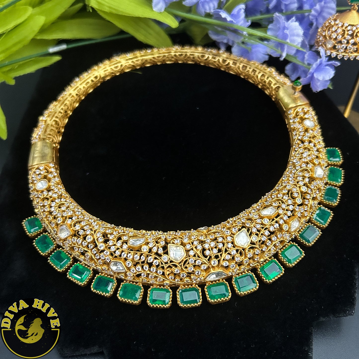 Moh 22k Gold Plated Moissanite Hasli - Necklace -1 GM Gold, Diva Exclusive, Green, moissanite, Necklace - Divahive