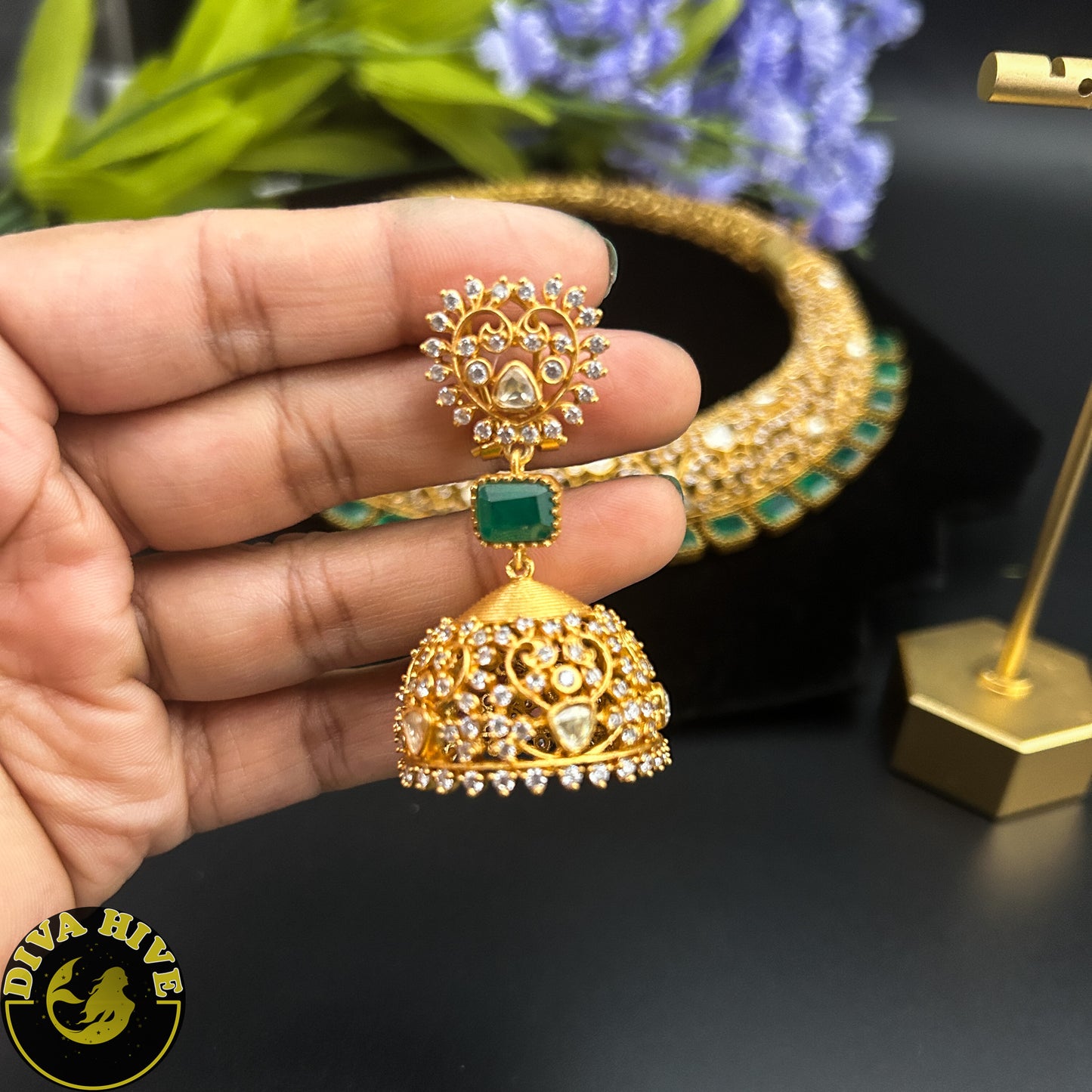 Moh 22k Gold Plated Moissanite Hasli - Necklace -1 GM Gold, Diva Exclusive, Green, moissanite, Necklace - Divahive
