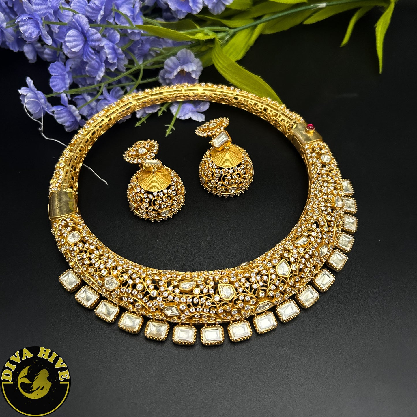 Moh 22k Gold Plated Moissanite Hasli - Necklace -1 GM Gold, Diva Exclusive, Green, moissanite, Necklace - Divahive