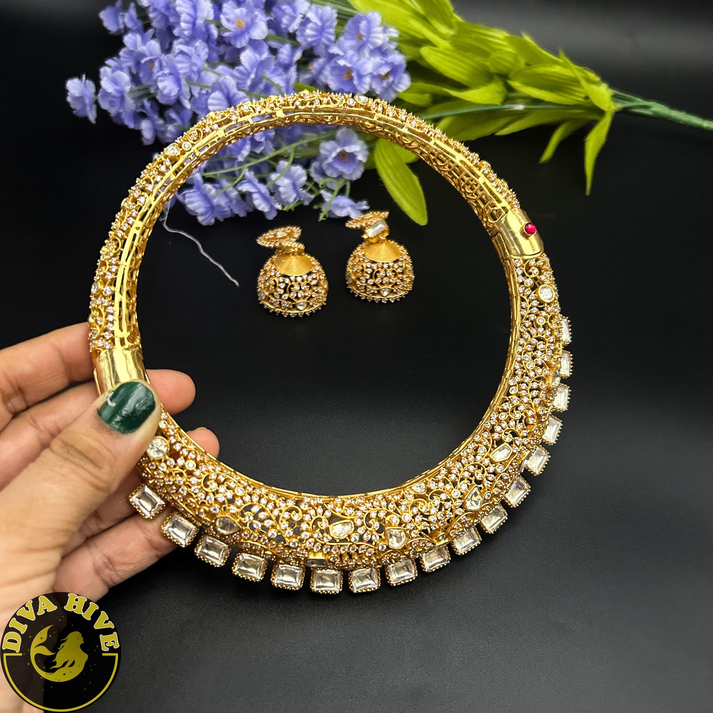 Moh 22k Gold Plated Moissanite Hasli - Necklace -1 GM Gold, Diva Exclusive, Green, moissanite, Necklace - Divahive