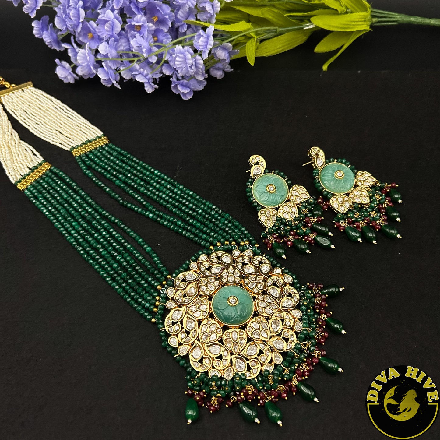 Diva Statement Long Necklace - -carved stone, Kundan, Necklace, pachi kundan - Divahive