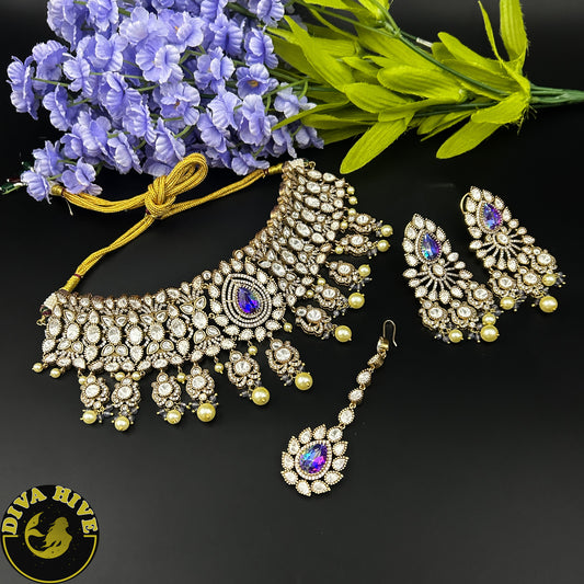 Ishiara Moissanite and Choker set - Necklace -Diva Exclusive, Doublet, Kundan, moissanite, Necklace - Divahive