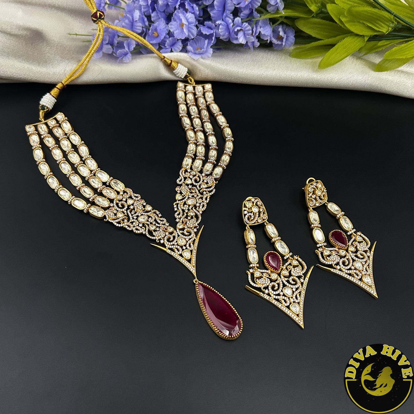 Kashish 22k Gold Plated Real Moissanite and Doublet Necklace Set - Necklace -22k Gold plated, Diva Exclusive, Doublet, Kundan, moissanite, Necklace - Divahive