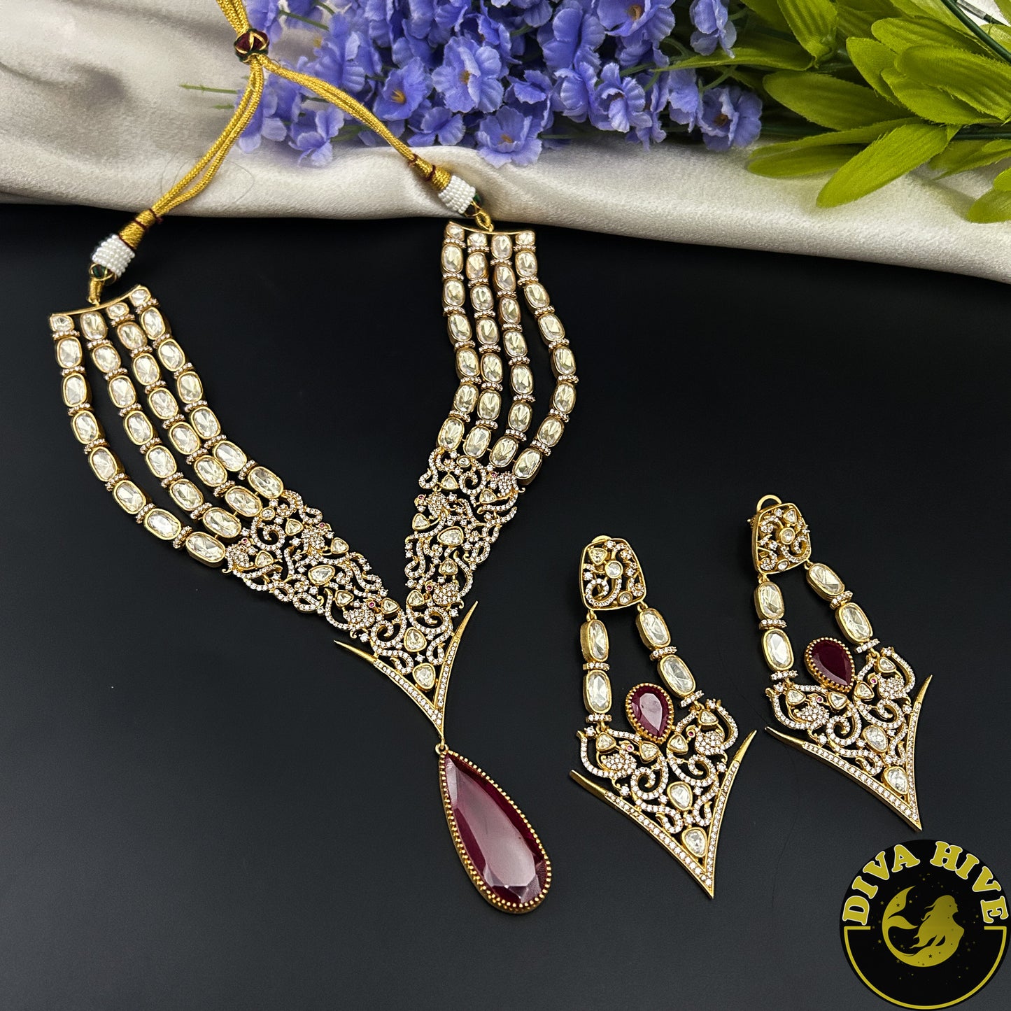 Kashish 22k Gold Plated Real Moissanite and Doublet Necklace Set - Necklace -22k Gold plated, Diva Exclusive, Doublet, Kundan, moissanite, Necklace - Divahive
