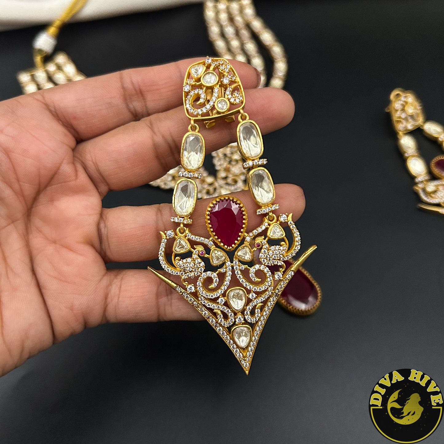 Kashish 22k Gold Plated Real Moissanite and Doublet Necklace Set - Necklace -22k Gold plated, Diva Exclusive, Doublet, Kundan, moissanite, Necklace - Divahive