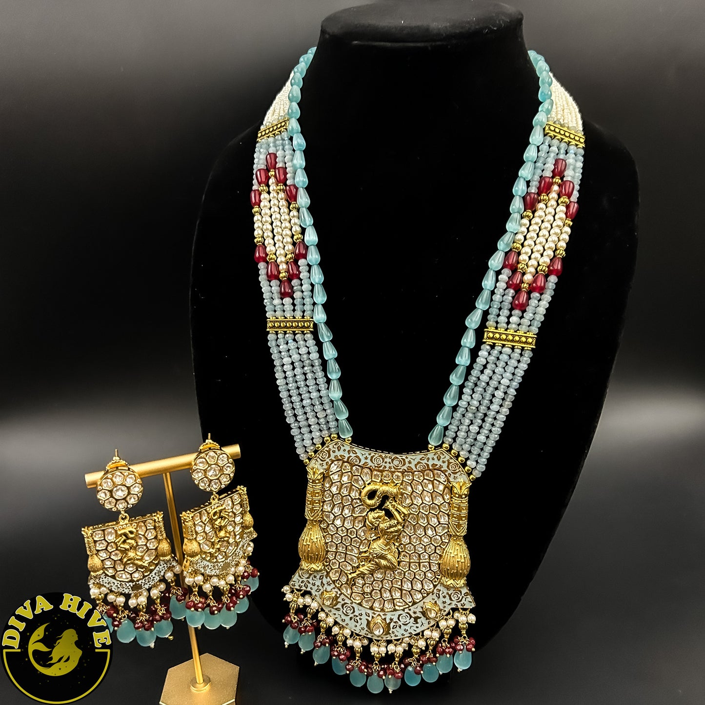 Meena Kundan Enameled bridal Set | Choker and Long Necklace - Necklace -Bridal, Choker, Figure, Kundan, Mint, Necklace, Pink - Divahive
