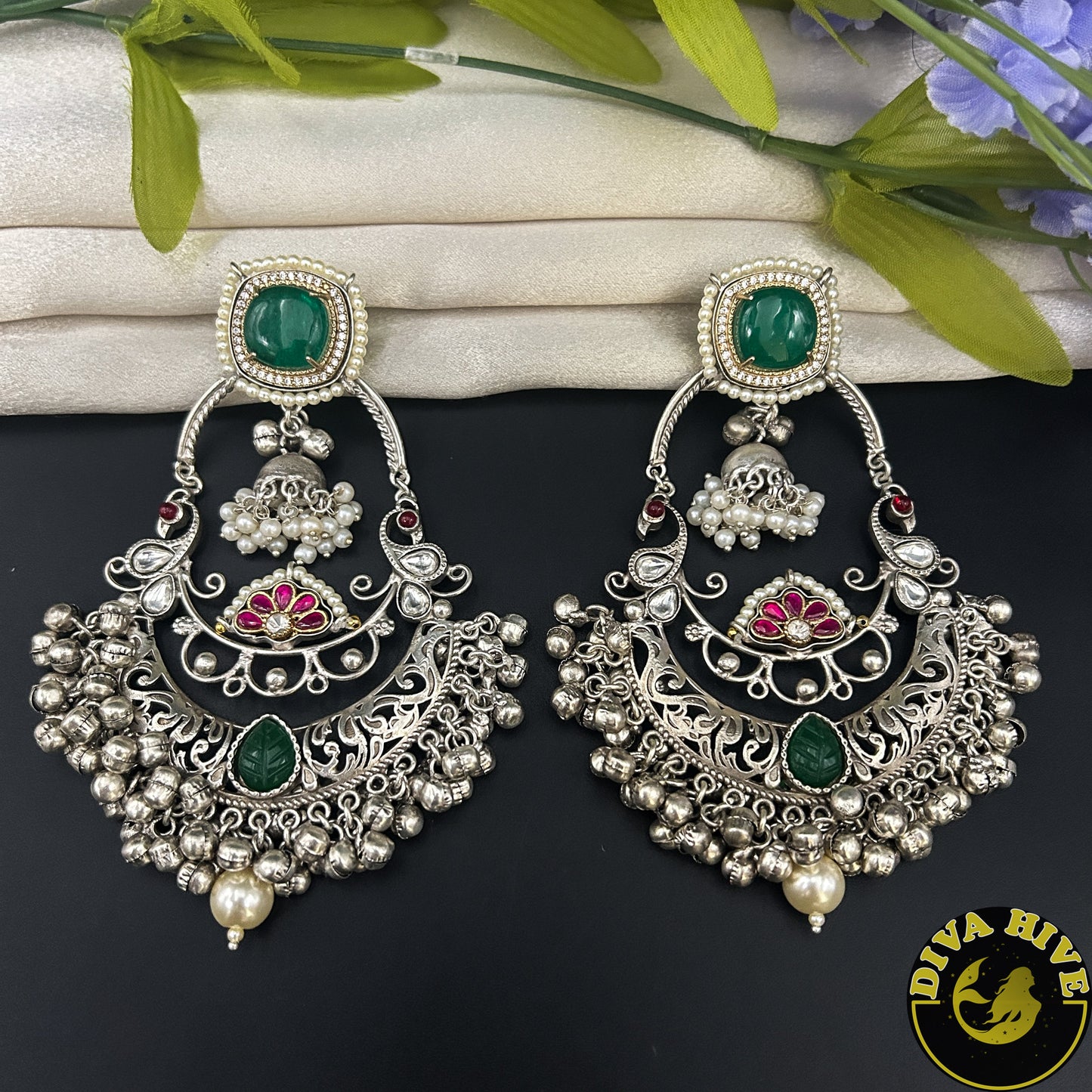Mugdha Long Chaandbali Style Earring - Earring -925Silver, Diva Exclusive, Earring, featured, Fusion, Silver - Divahive