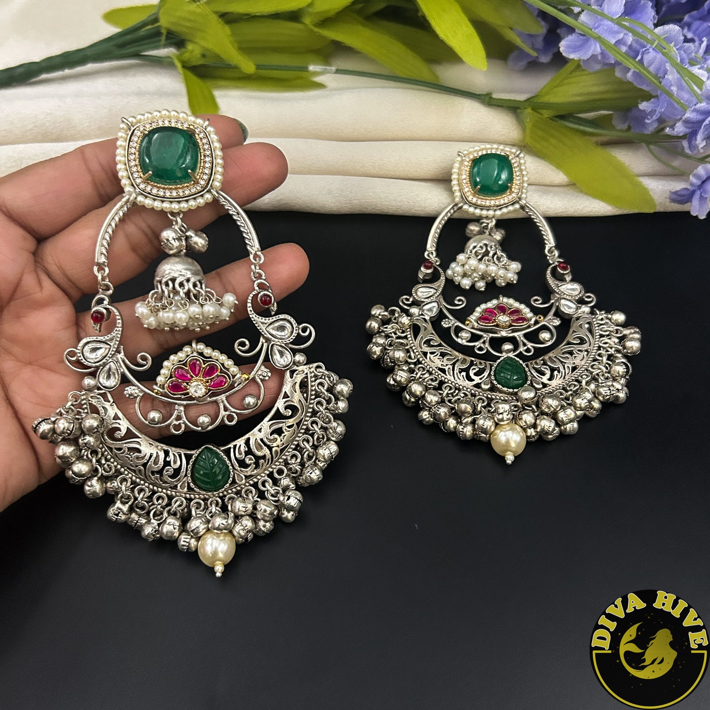 Mugdha Long Chaandbali Style Earring - Earring -925Silver, Diva Exclusive, Earring, featured, Fusion, Silver - Divahive
