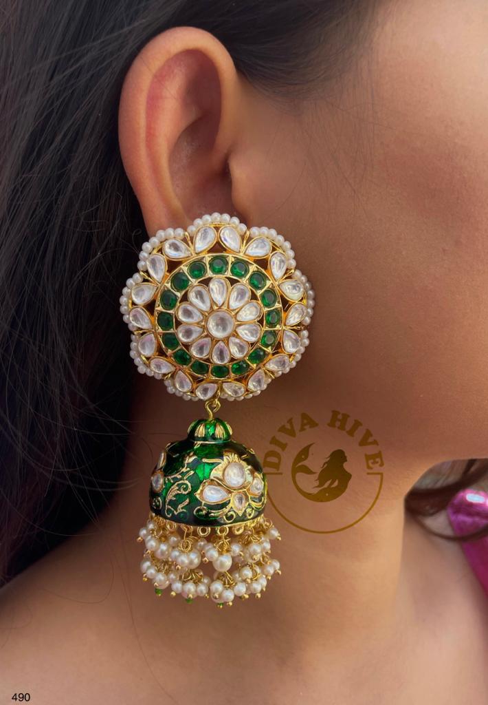 Pachi Kundan Meena Jhumka - -Earing, Earring, Jhumka, Kundan, pachi kundan - Divahive
