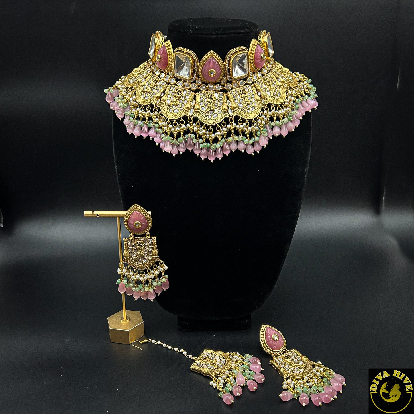 Meena Kundan Enameled bridal Set | Choker and Long Necklace - Necklace -Bridal, Choker, Figure, Kundan, Mint, Necklace, Pink - Divahive