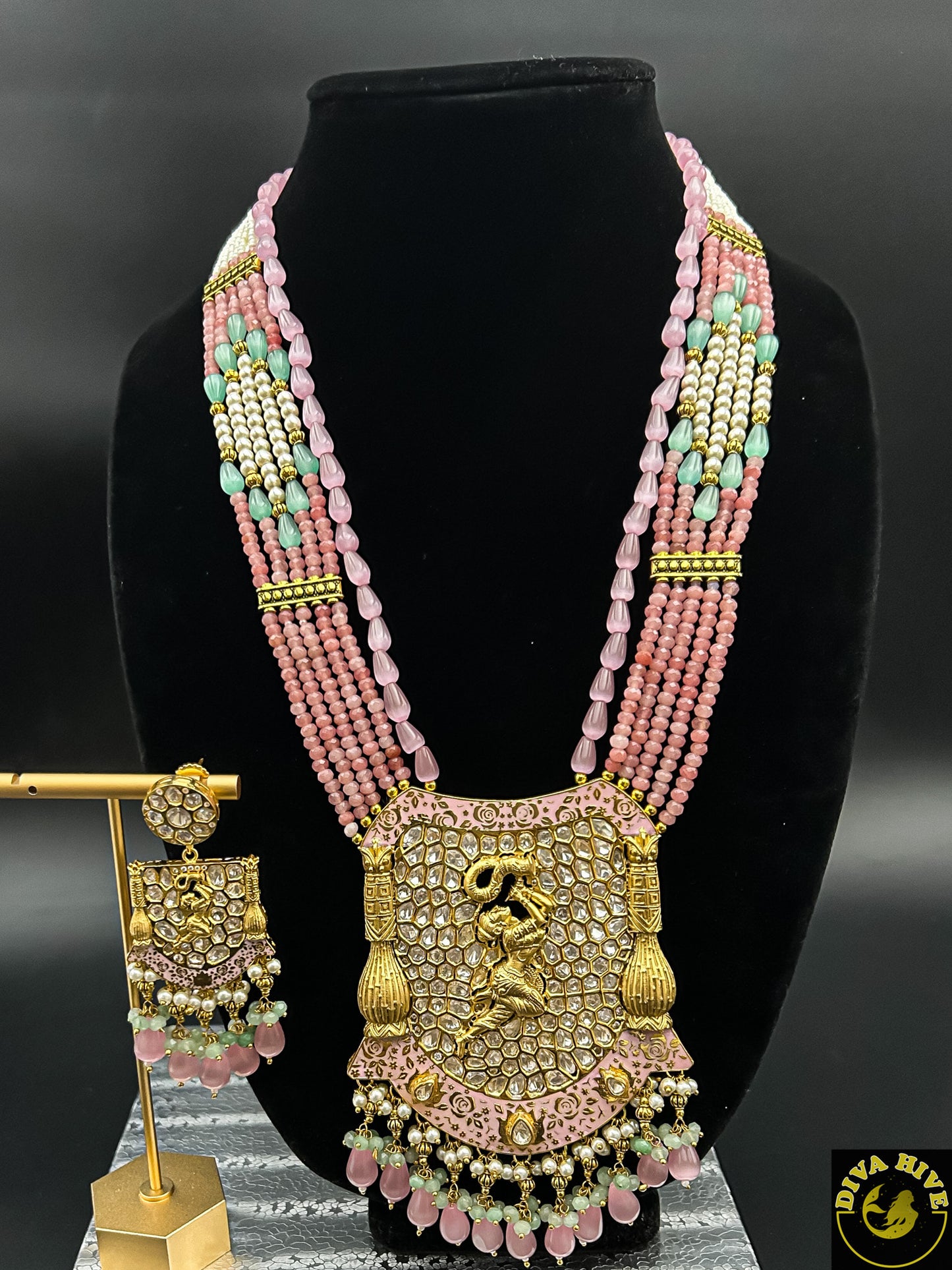 Meena Kundan Enameled bridal Set | Choker and Long Necklace - Necklace -Bridal, Choker, Figure, Kundan, Mint, Necklace, Pink - Divahive