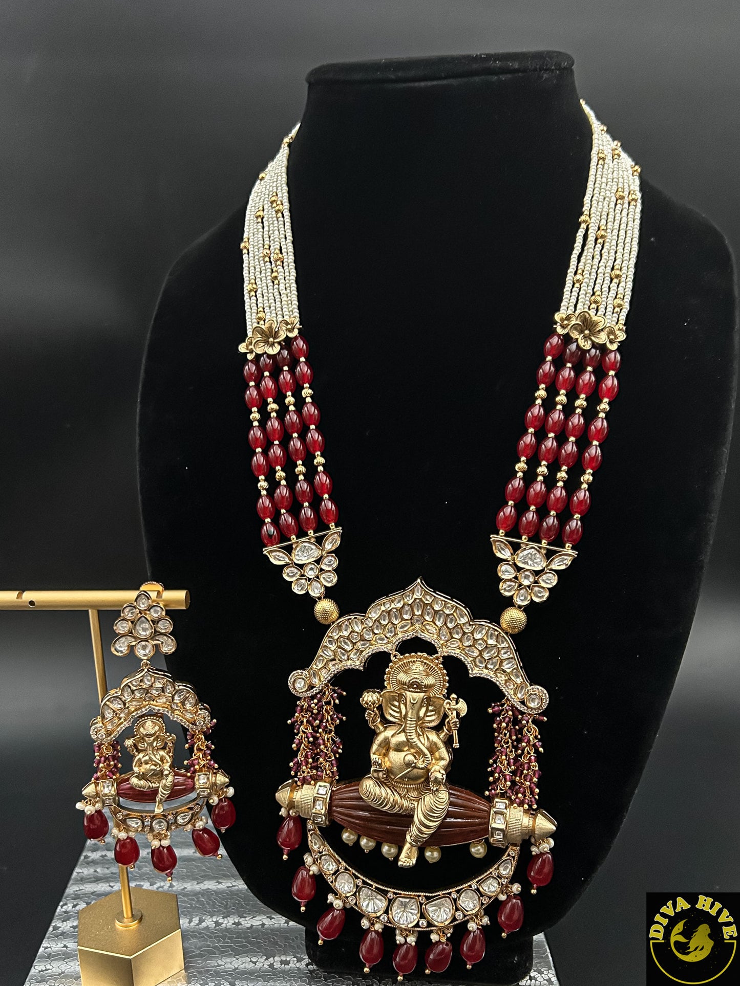 Premium Bridal Set | Gold polish | Long Necklace Ganesha Pendent - Necklace -Bridal, Choker, Kundan, Necklace, Ruby - Divahive