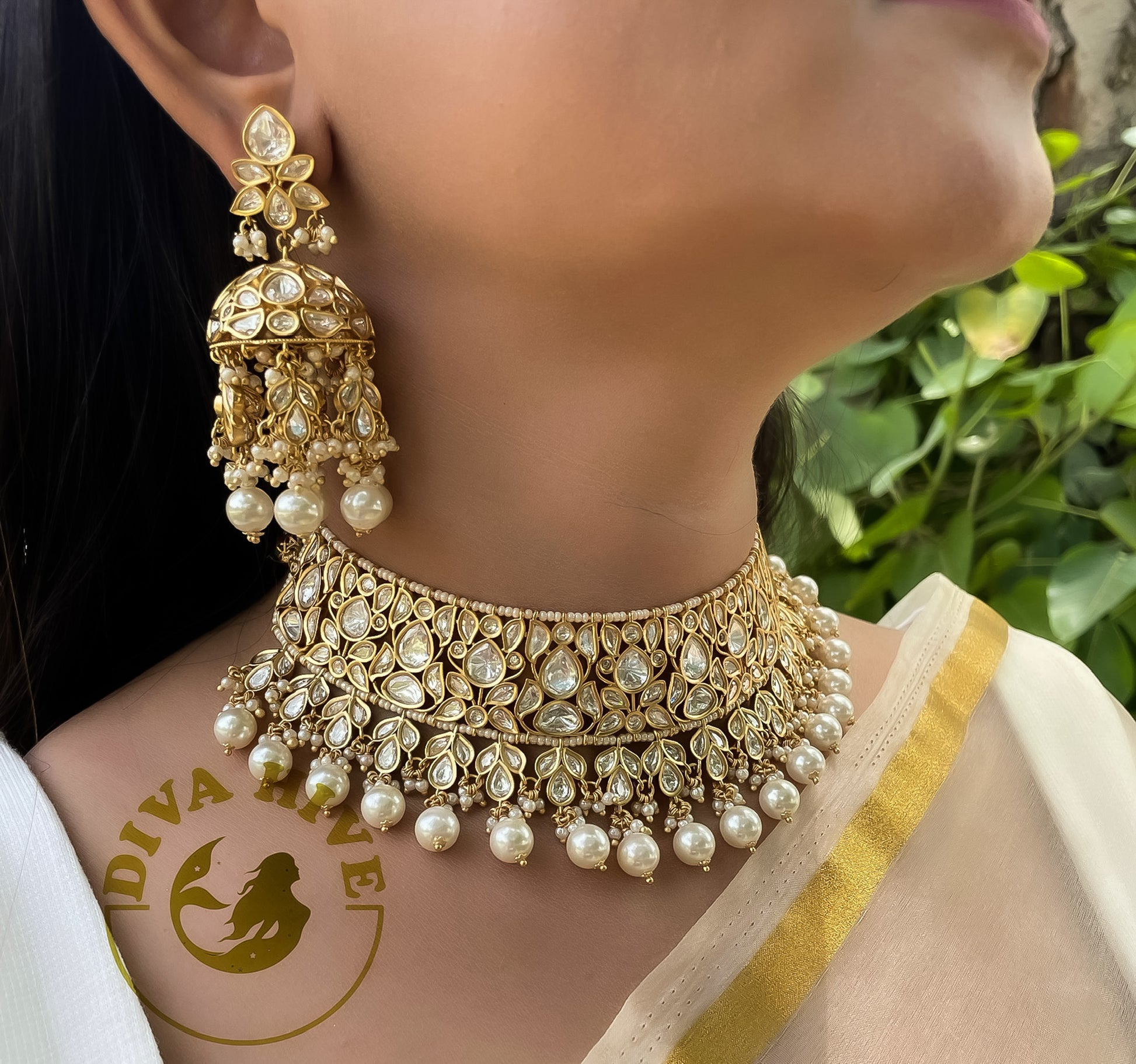 Pachi Kundan Choker Set | Pearl and Kundan Gold Plated | Fine Kundan Choker Set - Necklace -Bridal, Choker, Kundan, Necklace, semi bridal - Divahive