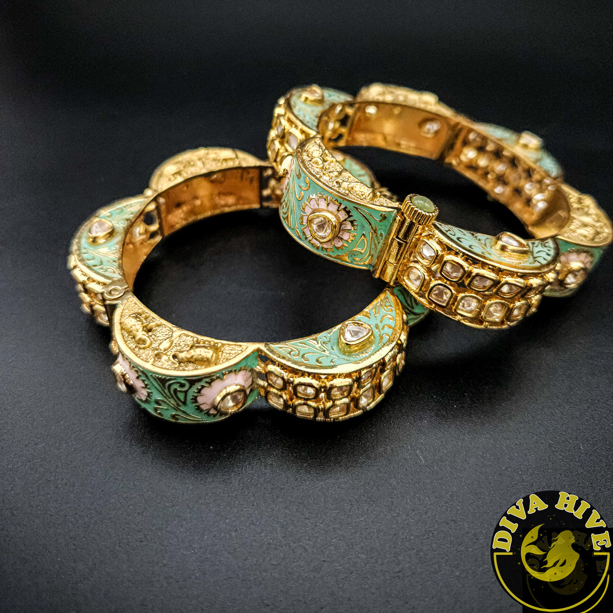 Premium Kundan Meena Bangle – DivaHive