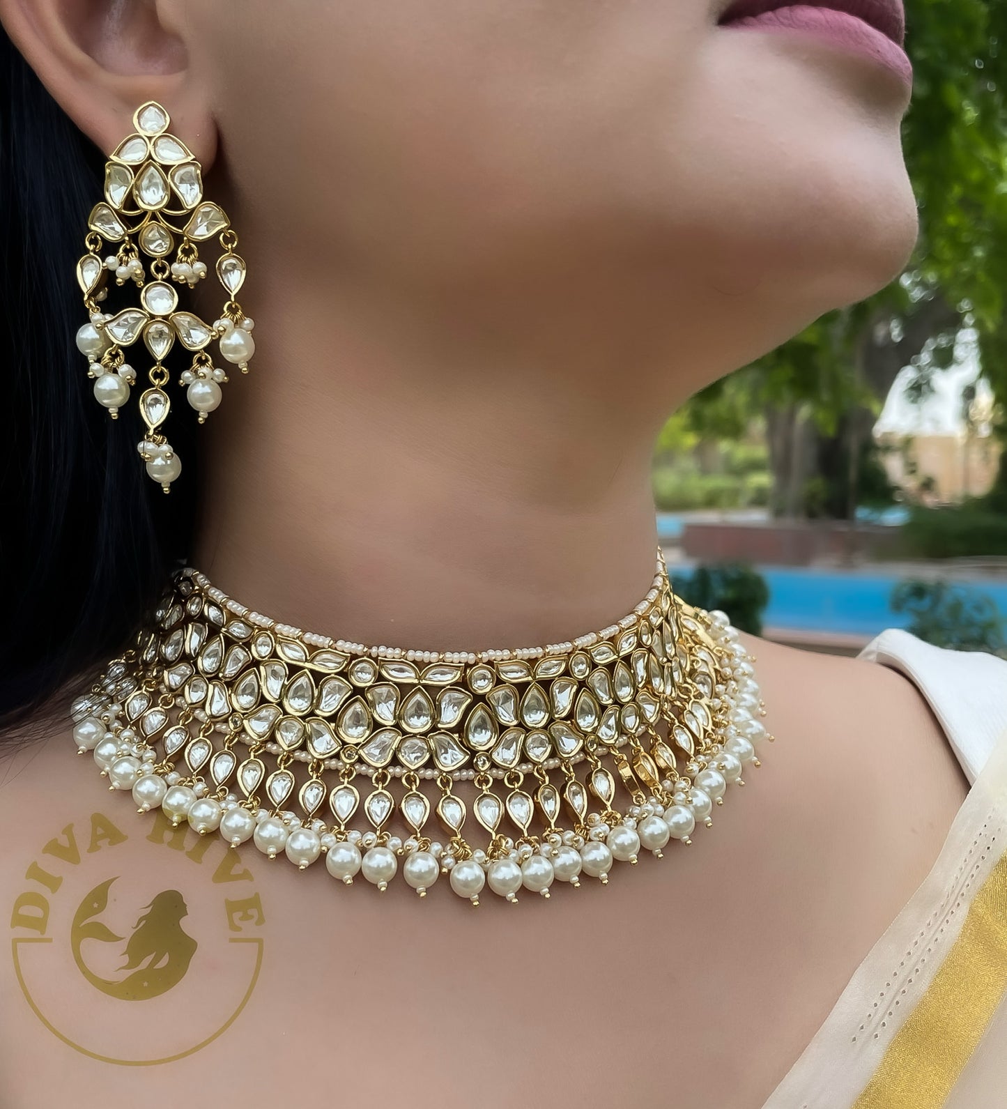 Gold Finish Kundan & Pearls Necklace Set - Necklace -Choker, Kundan, Necklace - Divahive