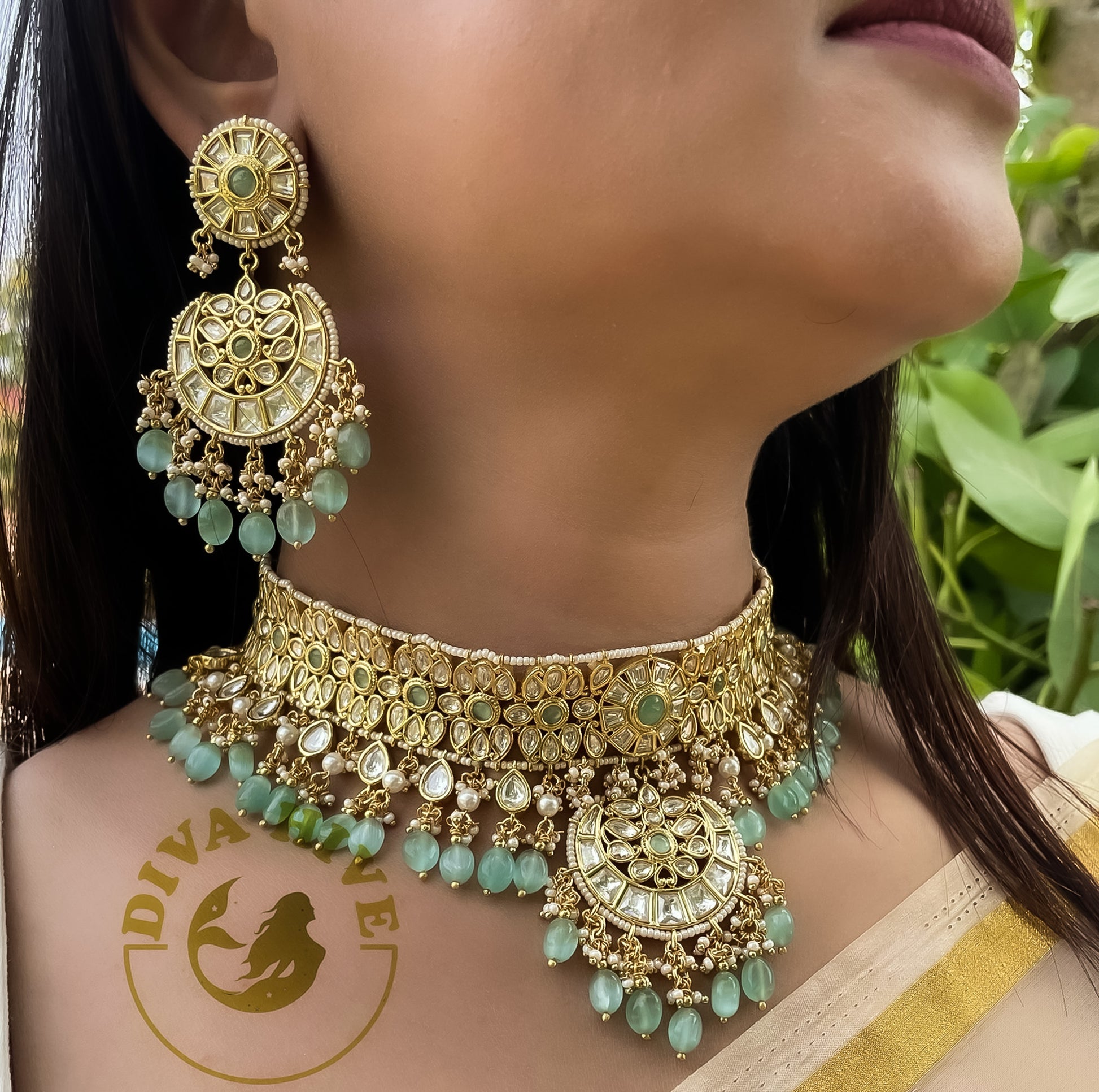Diva Pachi Kundan Bridal set Premium Kundan Set Mint