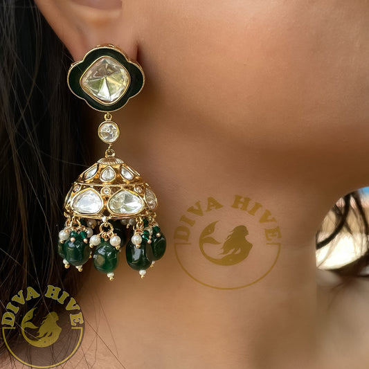 Uncut Kundan Jhumka with enameled Meena -  -Earing, Earring, Jhumka, Kundan - Divahive