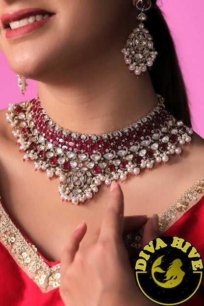 Saachi Moissanite 22K Gold Plated Choker Set -  -["24K Gold Plated","Diva Exclusive","featured","Kundan","moissanite","Necklace"] - Divahive