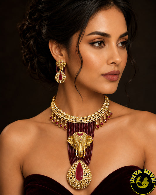 Maharani 22K Gold Plated Moissanite Elephant Necklace