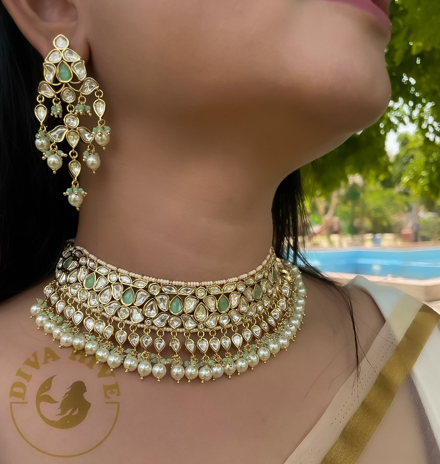 Gold Finish Kundan & Pearls Necklace Set - Necklace -Choker, Kundan, Necklace - Divahive