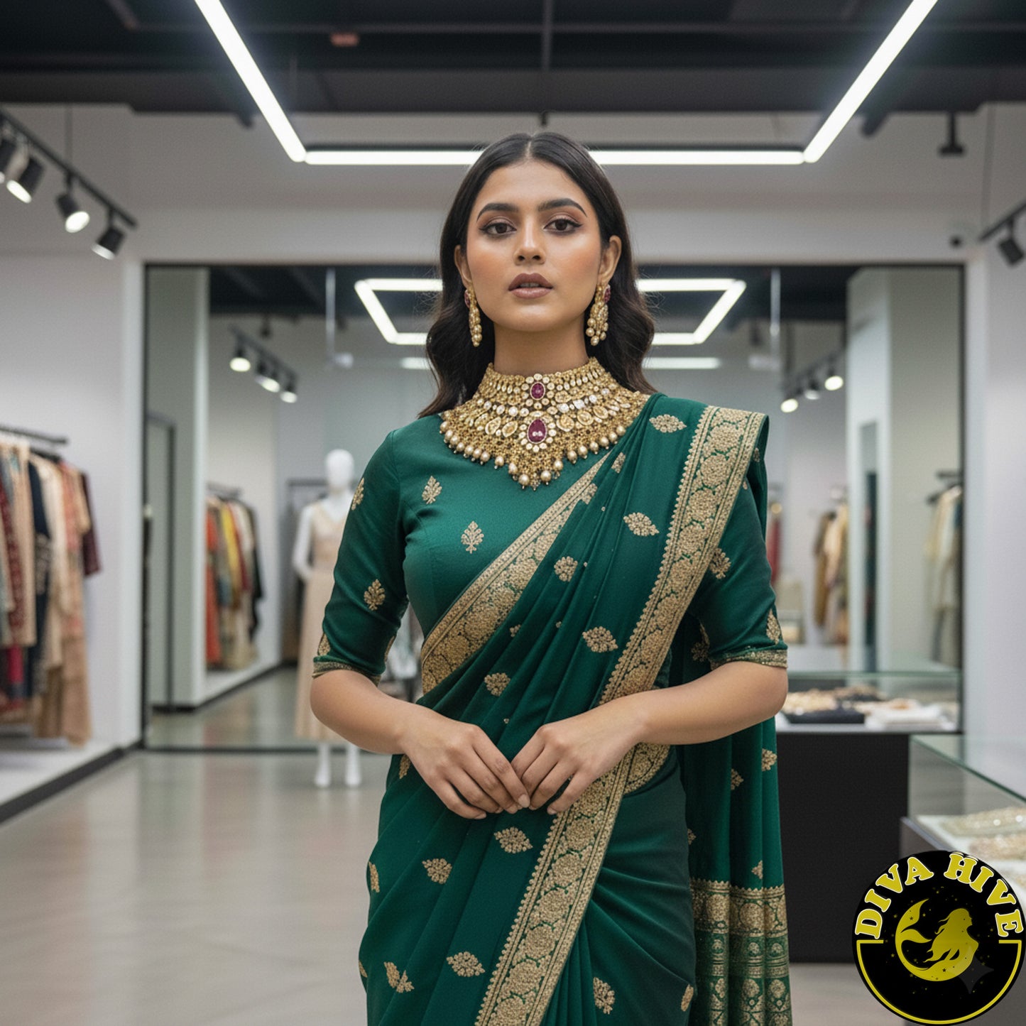 Pashmina 22K Gold Plated Moissanite Bridal/Semi Bridal Choker - Necklace -1 GM Gold, Diva Exclusive, Green, moissanite, Necklace - Divahive