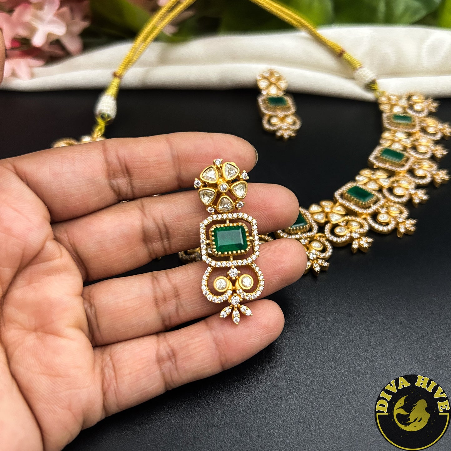 Saachi Moissanite Doublet 22K Gold Plated Necklace Set