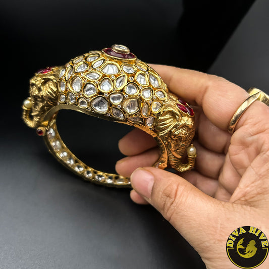 Rajwadi Gold Plated Kundan Kada | Elephant face both sided kada - Bangle -Bangle, Kundan - Divahive