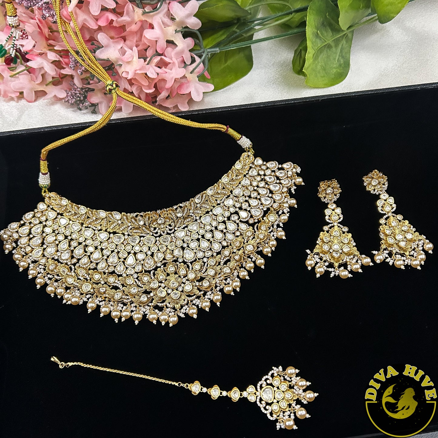 Noor 22K Gold Plated Moissanite Bridal/Semi Bridal Choker - Necklace -1 GM Gold, Diva Exclusive, Green, moissanite, Necklace - Divahive