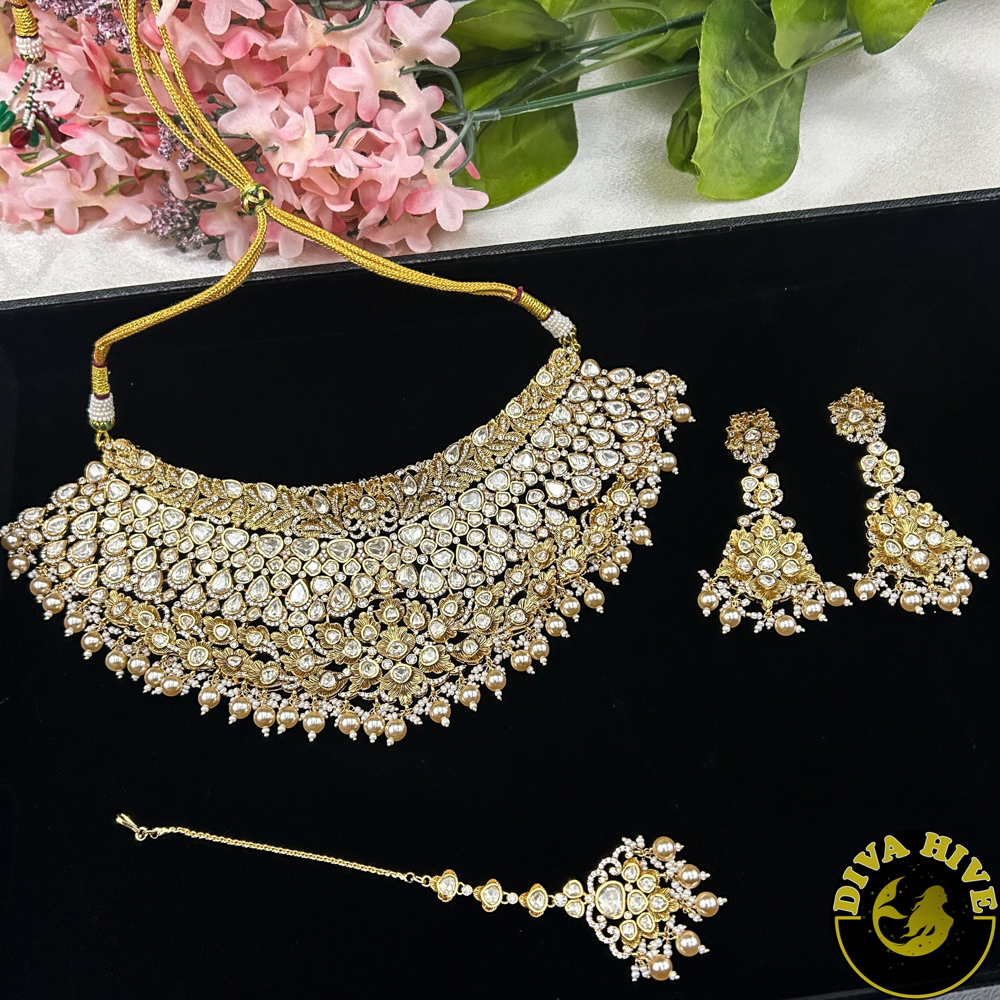 Noor 22K Gold Plated Moissanite Bridal/Semi Bridal Choker - Necklace -1 GM Gold, Diva Exclusive, Green, moissanite, Necklace - Divahive