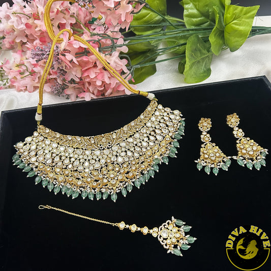 Noor 22K Gold Plated Moissanite Bridal/Semi Bridal Choker - Necklace -1 GM Gold, Diva Exclusive, Green, moissanite, Necklace - Divahive