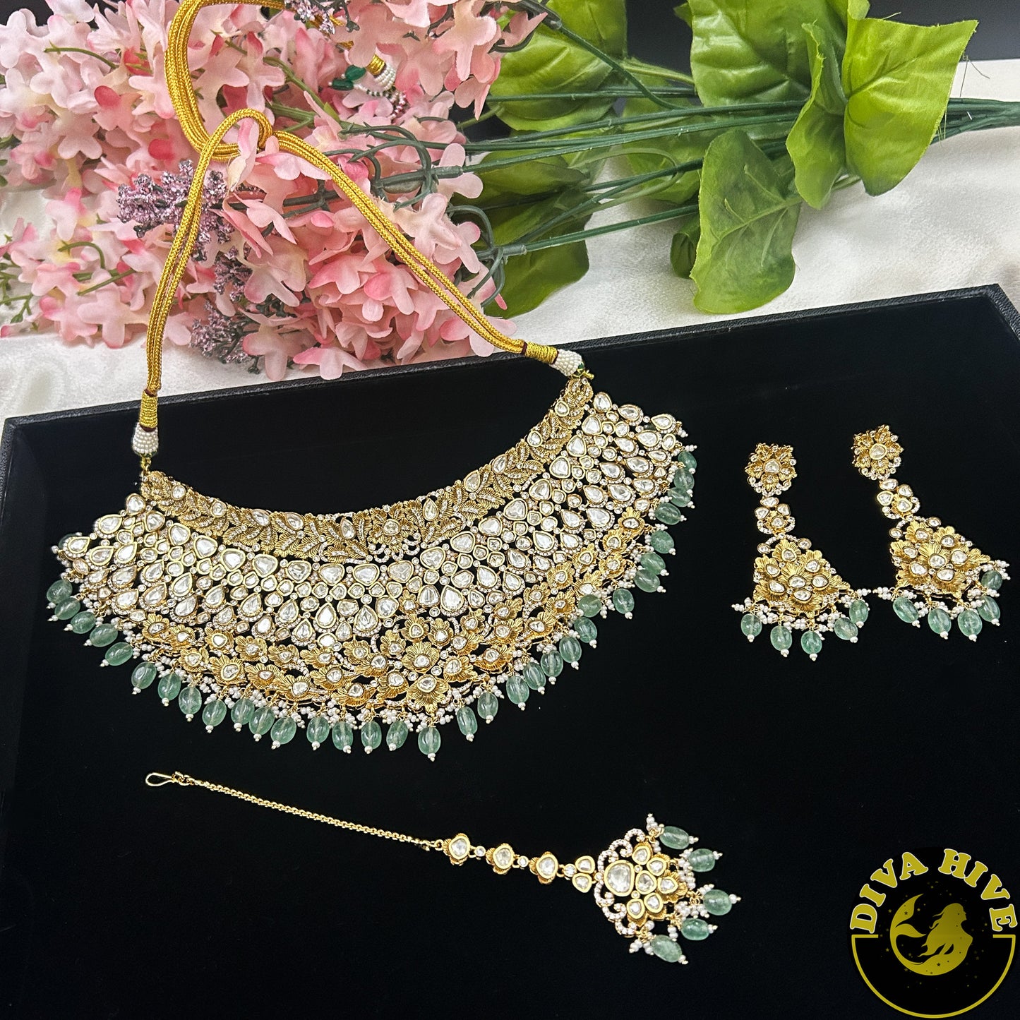 Noor 22K Gold Plated Moissanite Bridal/Semi Bridal Choker - Necklace -1 GM Gold, Diva Exclusive, Green, moissanite, Necklace - Divahive